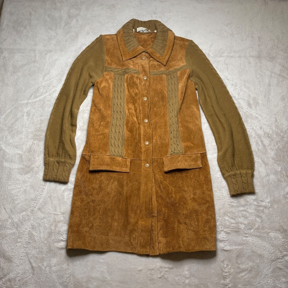 Vtg 60s 70s Suede Leather Jacket Womens L Brown Knit Snap Boho Western Hippie